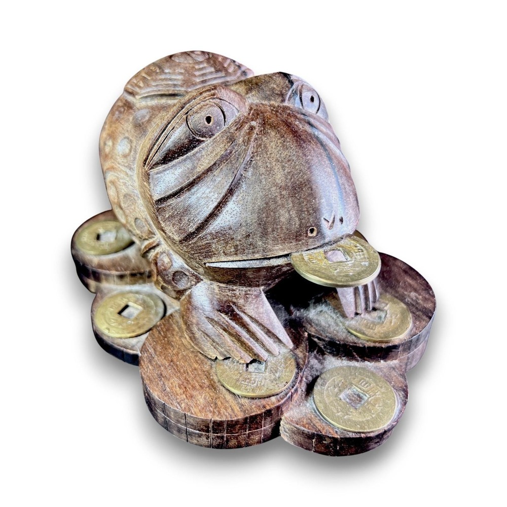 I Wayan Sergug Balinese Hand Carved Wood Money Frog Toad Feng Shui Coin Base